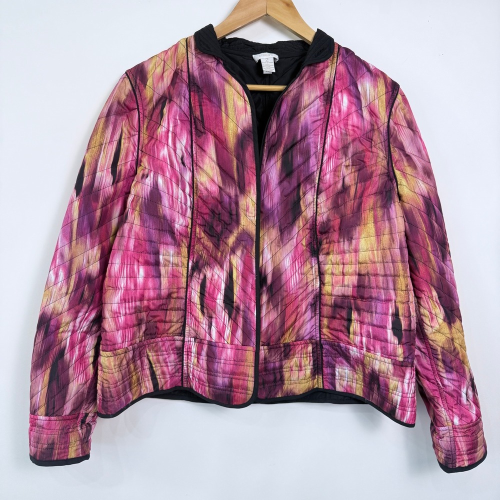 Chicos Quilted Open Front Lightweight Jacket Size 2 (12) Pink Purple Abstract